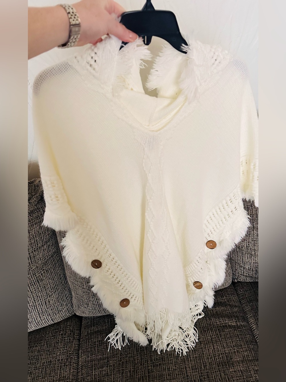 Cream Fringe-Trim Knit Poncho with Button Accents
